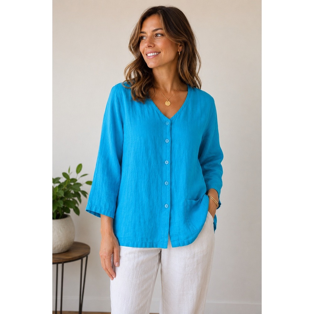 Womens FLAX 100% Linen Top Petite Blue Aqua Button Front Shacket Lagenlook
